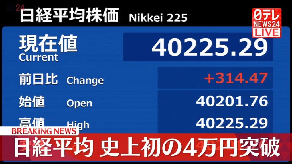 【NHKニュース速報】日経平均株価　４万円を突破　史上最高値を更新　米株価上昇を受け(09:01)